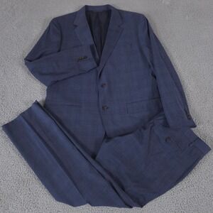Bonobos 2-Piece Suit Men 46R Pants 38x32 Blue Windowpane Plaid Slim Fit Marzotto